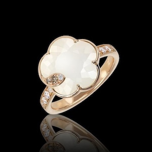 14k Solid Rose Gold White Agate And Diamond Clover Ring For Gorgeous Jewelry Gift