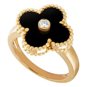 Black Onyx Clover Diamond Ring For Her Wedding Jewelry Gift