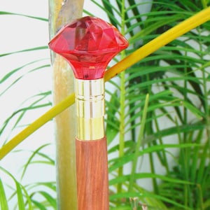 Bastón de madera de estilo vintage / Pomo de diamante de cristal rojo, collar de latón, bastón gótico victoriano para cosplay