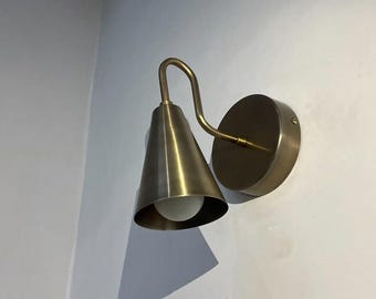 Modern Brass Wall Sconce, Conical Shade Single Light