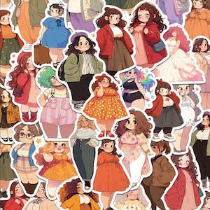Peut inclure: Une collection d'autocollants colorés représentant des illustrations de femmes diverses dans différentes tenues. Les autocollants présentent une variété de styles vestimentaires, notamment des robes, des vestes et des jupes, avec un accent sur la positivité corporelle et l'inclusivité.