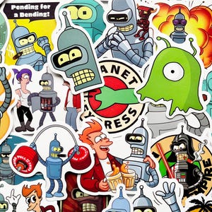 May include: A collection of colorful stickers featuring characters and logos from the animated series Futurama. The stickers include images of Bender, Fry, Leela, and the Planet Express logo. Some stickers have the text "Pending for a Bending!"