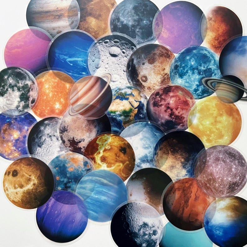 To Scale Sticker Planets Outerspace Stickers Planets, Star, Moon, Earth Pack of 10, 20 or 30 ...