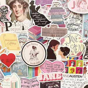 May include: A collection of Jane Austen-themed stickers featuring quotes, book titles, and illustrations. Includes images of characters, book covers, and the text "Pride and Prejudice."