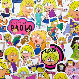 May include: A selection of vibrant stickers showcasing a cartoon character with blonde hair. The stickers illustrate the character in diverse poses and attire, with text such as "Sing to me Paolo" and "Lizzie" appearing on some.