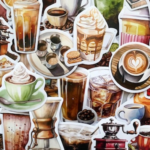 May include: A collection of watercolor-style stickers featuring various coffee drinks and coffee-related items. The stickers include iced coffee, lattes, cappuccinos, coffee beans, and coffee grinders. The color palette includes shades of brown, beige, and white.