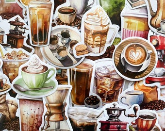 May include: A collection of watercolor-style stickers featuring various coffee drinks and coffee-related items. The stickers include iced coffee, lattes, cappuccinos, coffee beans, and coffee grinders. The color palette includes shades of brown, beige, and white.