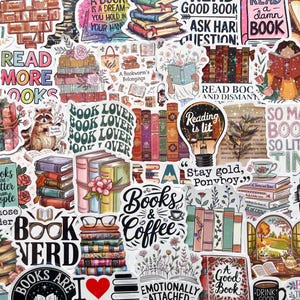 May include: A collection of colorful stickers with a book theme. The stickers feature stacks of books, quotes like "Read More Books," and illustrations of a raccoon, a cat, and coffee cups. The stickers are perfect for book lovers.