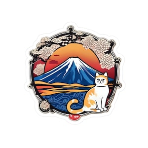 Fuji Mountain Japanese Cat Logo Stickers, Neko Sticker Pack, Asian Style Decals, Cherry Blossom Vinyl Decal, Travel Journal Scrapbook