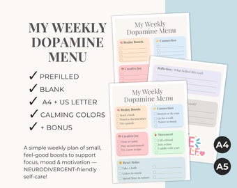 Könnte beinhalten: Mehrere wöchentliche Dopamin-Menüplaner in sanften Farben. Die Planer enthalten Abschnitte für Brainy Boosts, Creative Joy, Connection, Movement und Reset-Relax-Aktivitäten. Der Text auf dem Planer lautet "My Weekly Dopamine Menu".