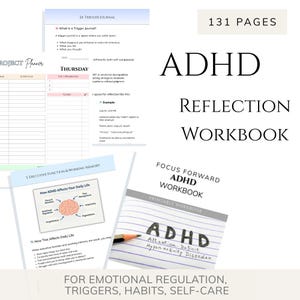 Pode incluir: Uma coleção de cadernos de exercícios e páginas de diário imprimíveis com foco em TDAH, regulação emocional e autocuidado. A imagem inclui o texto "ADHD Reflection Workbook" e "Focus Forward ADHD Workbook". Os cadernos de exercícios são projetados para ajudar com gatilhos, hábitos e bem-estar emocional.