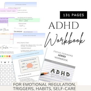 Pode incluir: Um livro de exercícios de TDAH com 131 páginas, projetado para regulação emocional, gatilhos, hábitos e autocuidado. A capa apresenta o título "ADHD Workbook" e as palavras "Focus Forward". No interior, existem rastreadores de foco diários e diários de gatilho.