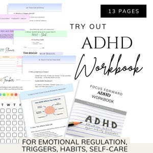 Puede incluir: Un cuaderno de trabajo sobre el TDAH de 13 páginas, diseñado para la regulación emocional, los desencadenantes, los hábitos y el autocuidado. La portada presenta el título "ADHD Workbook" y las palabras "Focus Forward". En el interior, hay rastreadores de enfoque diario y diarios de activación.