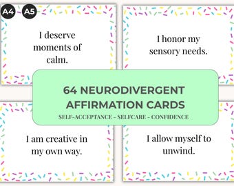 Könnte beinhalten: Ein Set von 64 neurodivergenten Affirmationskarten. Jede Karte hat einen weißen Hintergrund mit einem bunten Konfettirand. Die Karten zeigen Sätze wie "Ich verdiene Momente der Ruhe" und "Ich respektiere meine sensorischen Bedürfnisse."