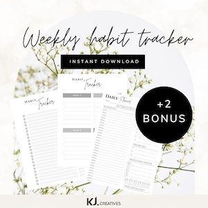 May include: A collection of printable habit trackers and daily planners. The design is minimalist with a white background and black text. The text includes "Weekly habit tracker", "Instant Download", and "+2 Bonus". The planners are designed to help track habits and daily schedules.