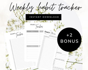 Pode incluir: Um conjunto de rastreadores de hábitos e planejadores diários imprimíveis. O design é minimalista com fundo branco e texto preto. O texto inclui "Weekly habit tracker", "Instant Download" e "+2 BONUS". Os planejadores são projetados para rastrear hábitos e horários diários.