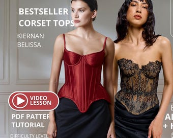 May include: A digital sewing pattern bundle for two corset tops, Kiernan and Belissa, by Vikisews. The image displays a deep red satin corset top with spaghetti straps and a black lace strapless corset top, including sizing for EU 34-52, UK 6-24, US 2-20, and heights 5'1"-6'1".
