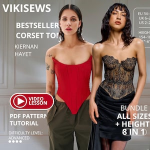 Könnte beinhalten: Zwei Korsett-Tops von VIKISEWS. Eines ist ein einfarbig rotes, trägerloses Korsett-Top mit spitzem Saum. Das andere ist ein trägerloses Korsett-Top aus schwarzer Spitze mit herzförmigem Ausschnitt. Das Bild enthält Text für ein PDF-Schnittmuster-Tutorial, eine Videolektion und Größenangaben für EU 34-52, UK 6-24 und US 2-20.