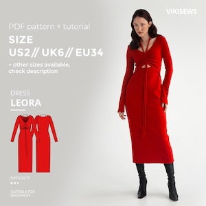 May include: A long-sleeved, calf-length red dress featuring a V-neckline with a central drawstring detail and a cutout at the midriff. The text on the image includes VIKISEWS, PDF pattern + tutorial, SIZE US2// UK6// EU34, and DRESS LEORA.