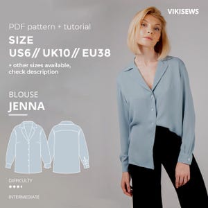Può includere: Una camicetta a maniche lunghe color azzurro con colletto a revers e polsini. L'immagine include il testo: VIKISEWS, PDF pattern + tutorial, SIZE US6 // UK10 // EU38, + other sizes available, check description, BLOUSE JENNA, DIFFICULTY, INTERMEDIATE.