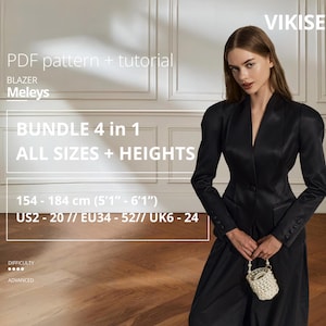 May include: A black blazer with a V-neck and long sleeves. The image includes text that reads "PDF pattern + tutorial" and "BUNDLE 4 in 1". The blazer is part of the "Meleys" collection and is available in sizes US2-20, for heights 5'1"-6'1".