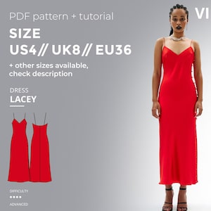 Lacey Slip Dress Sewing Pattern pdf Bias Cut Midi Dress Pattern with Side Slit Digital Download Tutorial Included Size EU 36 UK 8 US 4