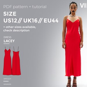 Lacey Slip Dress Sewing Pattern pdf Bias Cut Midi Dress Pattern with Side Slit Digital Download Tutorial Included Size US 12 UK 16 EU 44