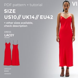Lacey Slip Dress Sewing Pattern pdf Bias Cut Midi Dress Pattern with Side Slit Digital Download Tutorial Included Size EU 42 US 10 UK 14