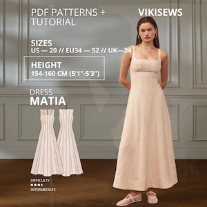 Matia Kleid pdf Schnittmuster EU 34-52 UK 6-24 US 2-20| Kleid Schnittmuster Semi-tailliertes Kleid Schnittmuster ausgestellter Rock Körpergröße 154-160 cm