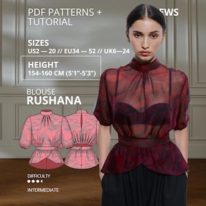 Könnte beinhalten: Ein PDF-Schnittmuster für die Rushana-Bluse mit Stehkragen, kurzen Ärmeln und Schößchen. Das Bild enthält den Text PDF PATTERNS + TUTORIAL, SIZES EU34-52, HEIGHT 154-160 CM und DIFFICULTY INTERMEDIATE für ein mittelschweres Nähprojekt.