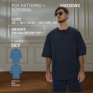 Peut inclure: Un t-shirt bleu marine foncé à manches courtes et col rond. L'image contient le texte : PDF PATTERNS + TUTORIAL, VIKISEWS, SIZES US 20, EU 34-52, UK 24, HEIGHT 178-184 CM (5'8"-5'9"), T-SHIRT SKY, DIFFICULTY BEGINNER.