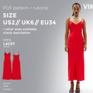 Lacey Slip Dress Sewing Pattern pdf Bias Cut Midi Dress Pattern with Side Slit Digital Download Tutorial Included Size EU 34 UK 6 US 2