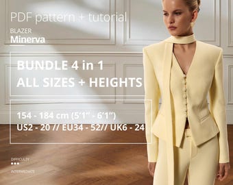 Minerva Blazer Sewing Pattern Bundle with Tutorial Varsity Jacket Pattern Printable Accent Collar Pattern | Height 178-184 cm