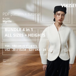 May include: A woman wearing a white blazer with a V-neck and two front pockets. The image includes text that reads "PDF pattern + tutorial" and "BLAZER Myrtle". The text also indicates the pattern is for all sizes and heights, with measurements from 5'1" to 6'1".