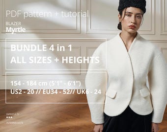 Patrón de costura para blazer Myrtle (EU34-52)/Patrón de blazer/Patrón de costura para chaleco/Patrón de blazer para mujer (altura de manga voluminosa: 154-184 cm)