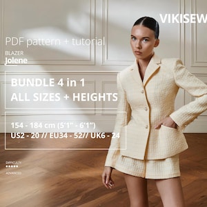 Könnte beinhalten: Hellgelbes Blazer- und Shorts-Set. Der Blazer hat ein strukturiertes Gewebe, ein fallendes Revers und Knopfverschlüsse. Der Text im Bild lautet "PDF pattern + tutorial" und "BLAZER Jolene". Erhältlich in den Größen EU34-52 und Höhen 154-184 cm.