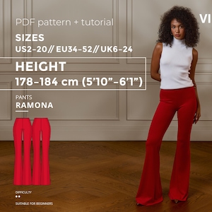 Ramona Pants Sewing Pattern US 2-20 UK 2-34 EU 34-52 | Pants Sewing Pattern Printable Height 178-184cm Flared Pants Elastic Waist Trousers