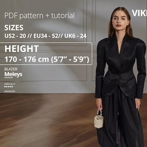 May include: A woman in a black blazer and matching wide-leg pants. The blazer has a notched collar and structured shoulders. The image includes text indicating the pattern is for sizes US2-20, for heights 5'7"-5'9".