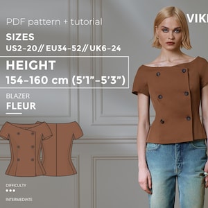 May include: A brown blazer with short sleeves and a double-breasted design. The image includes the text "VIKISEWS" and details about the pattern, including sizes US2-20, height 5'1"-5'3", and the word "FLEUR".