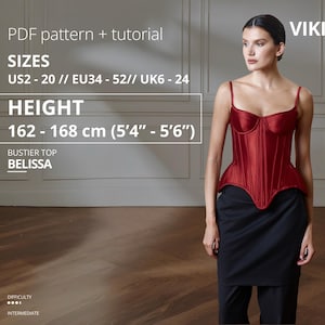 Wykrój gorsetu Belissa 162-168, wysokość, rozmiary amerykańskie 2-20, wzór na gorset renesansowy z samouczkiem, wzór na top gorsetu, PDF
