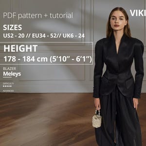 May include: A woman wearing a black blazer and matching wide-leg pants. The blazer has structured shoulders and a notched lapel. The image includes text indicating the pattern is for sizes US2-20 and heights 5'10" - 6'1".