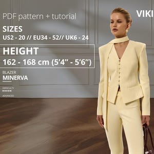 May include: A woman wearing a pale yellow blazer and matching pants. The blazer has a unique collar design and button closure. The image includes text indicating the pattern is for sizes US2-20, height 5'4"-5'6", and is an advanced level.