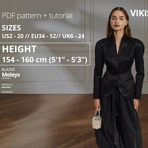 May include: A woman wearing a black blazer and matching wide-leg pants. The image includes text indicating a PDF pattern and tutorial for a blazer, with sizes US2-20 and a height range of 5'1" - 5'3".