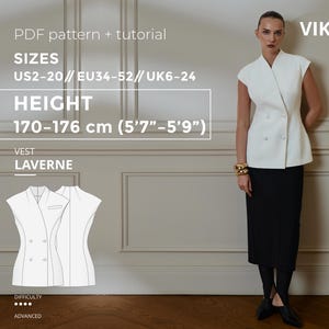 Puede incluir: Una mujer con un chaleco blanco de doble botonadura y una falda negra. La imagen incluye un diagrama del chaleco, el texto "VIKISEWS" y el texto "VEST LAVERNE". El patrón está disponible en tallas US2-20, EU34-52 y UK6-24. La altura es de 170-176 cm.
