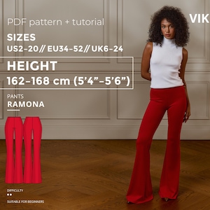 Ramona Pants Sewing Pattern US 2-20 UK 2-34 EU 34-52 | Pants Sewing Pattern Printable Height 162-168cm Flared Pants Elastic Waist Trousers