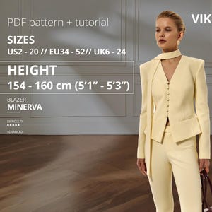 May include: A pale yellow blazer with a V-neckline, long sleeves, and a row of matching buttons down the front. The blazer features a scarf-like neck detail and is part of the VIKISEWS Minerva PDF pattern and tutorial for sizes US 2-20.