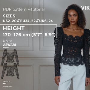 May include: A black lace blouse with long sleeves and a square neckline is shown. The blouse is worn with white trousers. The image includes text: "PDF pattern + tutorial" and "Blouse Aswari". The height is 170-176 cm (5'7"-5'9").