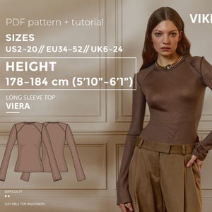 Puede incluir: Una mujer con un top marrón de manga larga y pantalones color caqui. La imagen incluye un patrón y tutorial para un top de manga larga, tallas EU34-52, y altura 178-184 cm. Dificultad: adecuado para principiantes.