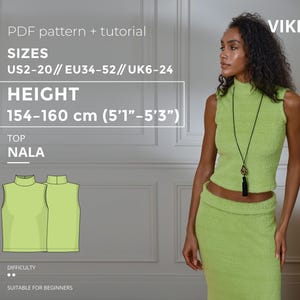 Puede incluir: Una mujer modela un conjunto de top y falda verde lima. La imagen incluye texto que indica que el patrón es para tallas EU34-52, con una altura de 154-160 cm. El top es de cuello alto. El texto también indica que el patrón es apto para principiantes.