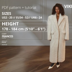 May include: A woman wearing a long, off-white coat with a classic lapel collar and pockets. The coat is part of the "FRANCES" pattern, with sizes US2-20, and is designed for individuals 5'10" - 6'1" tall. The image includes the text "VIKISEWS".